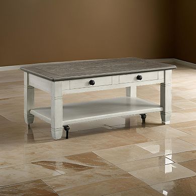 Rome 48 Inch Cocktail Coffee Table, 2 Drawers, White And Brown, Solid Wood