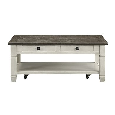 Rome 48 Inch Cocktail Coffee Table, 2 Drawers, White And Brown, Solid Wood