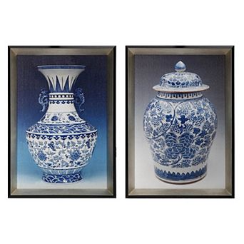 14 X 20 Set Of 2 Framed Wall Art Prints, Pot Design, Blue, White, And Black
