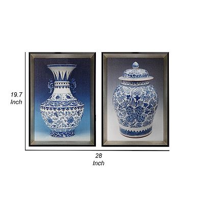 14 X 20 Set Of 2 Framed Wall Art Prints, Pot Design, Blue, White, And Black