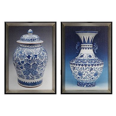 14 X 20 Set Of 2 Framed Wall Art Prints, Pot Design, Blue, White, And Black