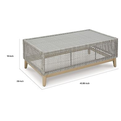Yami 50 Inch Outdoor Coffee Table, Resin Wicker, Tempered Glass Top, Gray