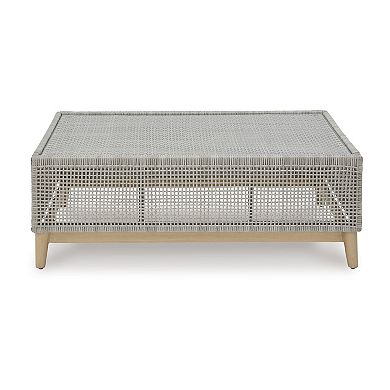 Yami 50 Inch Outdoor Coffee Table, Resin Wicker, Tempered Glass Top, Gray