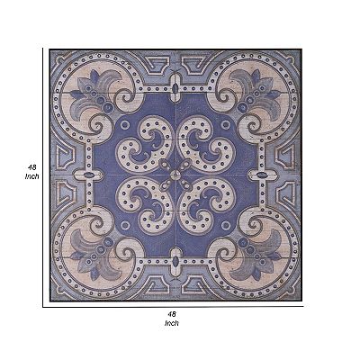 Lina 48 Inch Bordered Wall Art Tile, Square, Floral Mandala, Blue, Ivory