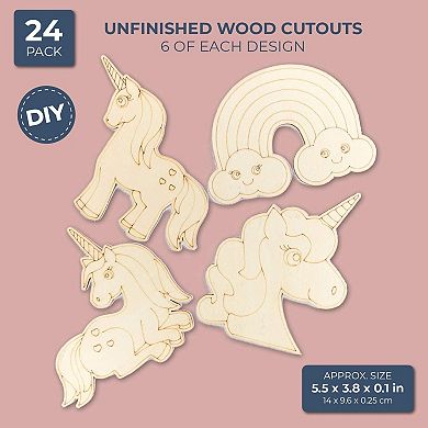 24 Pack Unfinished Wood Cutouts For Diy Crafts, Unicorn Rainbow Arch, 4 Designs