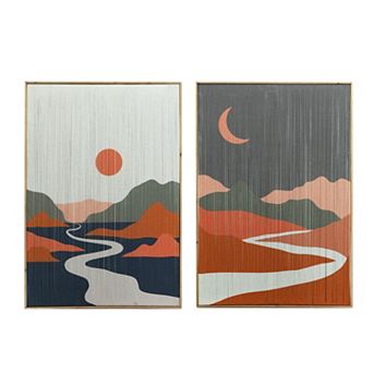 27 X 38 Wall Art Set Of 2, Day And Night Design, Fir Wood, Orange, Gray