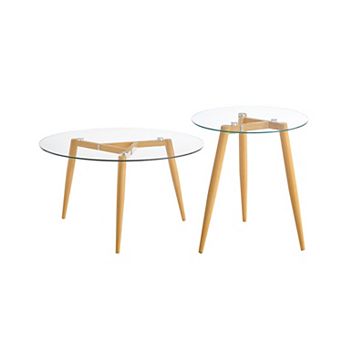 Van Beuren Coffee And Side Table Set With Modern Metal Taper Legs And Clear Glass Tabletop