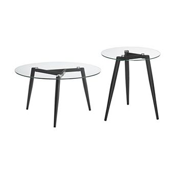 Van Beuren Coffee And Side Table Set With Modern Metal Taper Legs And Clear Glass Tabletop