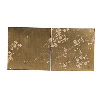 Tim 24 Inch Wall Art Set Of 2, Divided Floral Design, Square, Gold, Brown