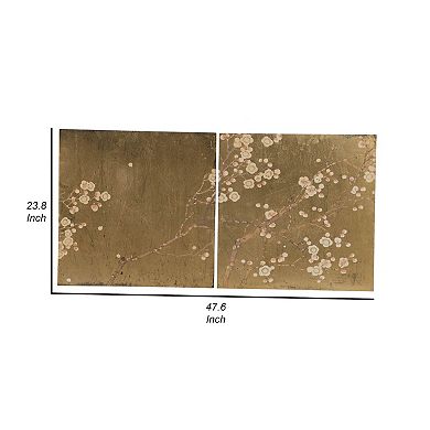 Tim 24 Inch Wall Art Set Of 2, Divided Floral Design, Square, Gold, Brown