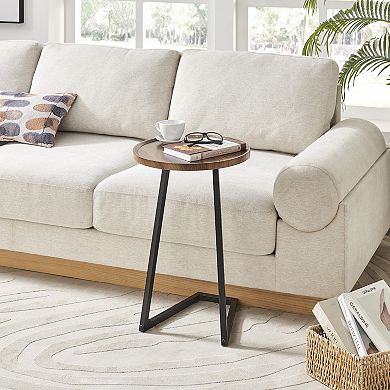 Addison Round Raised Lip Edge Couch-side Accent C-table With Modern Geometric Metal Pedestal Leg