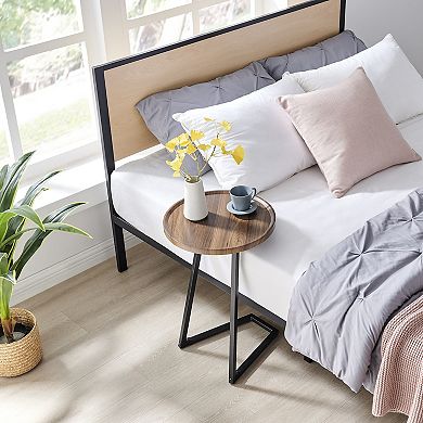 Addison Round Raised Lip Edge Couch-side Accent C-table With Modern Geometric Metal Pedestal Leg