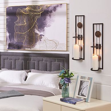 20 In. Modern Floating Decorative Metal Medallion Pillar Candle Sconces Wall Mount Set Of 2