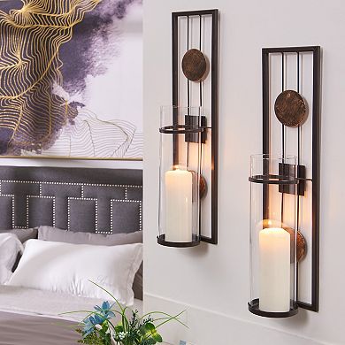 20 In. Modern Floating Decorative Metal Medallion Pillar Candle Sconces Wall Mount Set Of 2