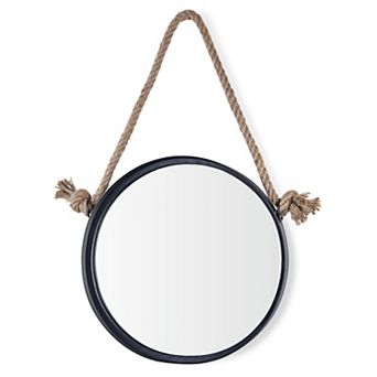 15 in Black Iron Framed Round Accent Mirror With Hanging Rope