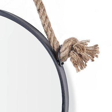 15in Black Iron Framed Round Accent Mirror With Hanging Rope
