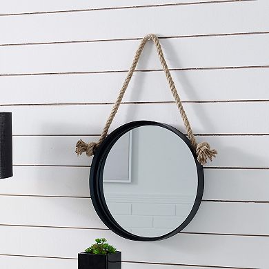 15in Black Iron Framed Round Accent Mirror With Hanging Rope