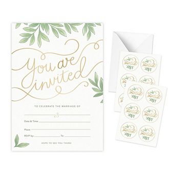 Rileys & Co 50 Pack Wedding Invitation Cards With Envelopes, With Bonus Stickers And Gold Foil Print