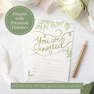 Rileys & Co 50 Pack Wedding Invitation Cards With Envelopes, With Bonus Stickers And Gold Foil Print