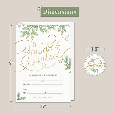 Rileys & Co 50 Pack Wedding Invitation Cards With Envelopes, With Bonus Stickers And Gold Foil Print