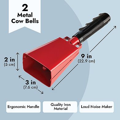 2 Pack Large Red Metal Cowbells For Football Games, 9" Percussion Noise Makers
