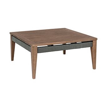 Kimi 36 Inch Outdoor Coffee Table, Brown Eucalyptus Wood, Woven Rope Apron
