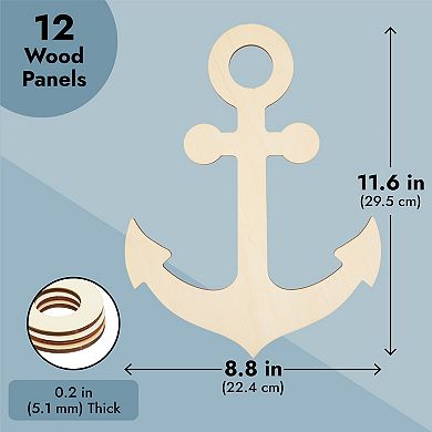 12 Pack Unfinished Wooden Anchors For Crafts, Nautical Wood Cutouts, 11.6x8.8 In