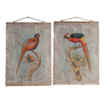 30 X 43 Hanging Wall Art Set Of 2, Colorful Birds, Linen, Orange, Blue
