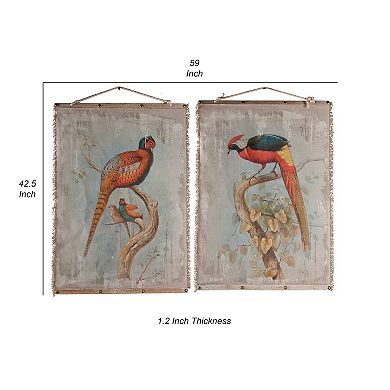 30 X 43 Hanging Wall Art Set Of 2, Colorful Birds, Linen, Orange, Blue