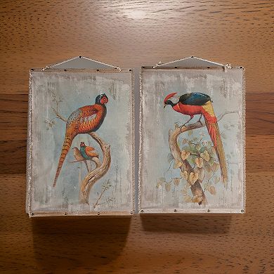 30 X 43 Hanging Wall Art Set Of 2, Colorful Birds, Linen, Orange, Blue