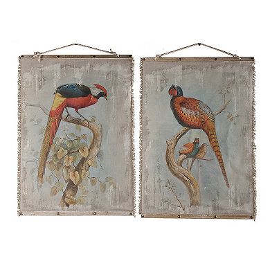 30 X 43 Hanging Wall Art Set Of 2, Colorful Birds, Linen, Orange, Blue