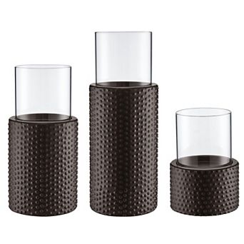 Danya B. Contemporary Candle Holder Set (3) With Clear Glass Hurricanes And Textured Metal Base