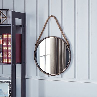 15" Antique Gold Patina Round Mirror With Hanging Rope