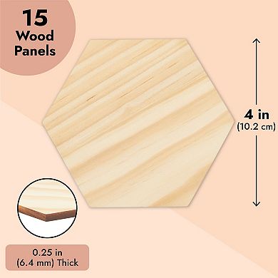 15 Pack Unfinished Wooden Hexagon Cutouts For Crafts, 1/4" Thick, 4 X 4 In