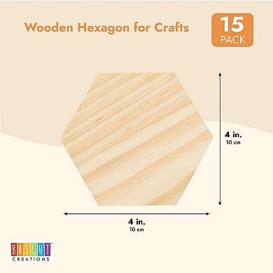 15 Pack Unfinished Wooden Hexagon Cutouts For Crafts, 1/4" Thick, 4 X 4 In