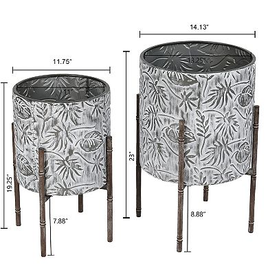 LuxenHome Set Of 2 Coastal Distressed White And Gray Metal Cachepot Planters With Metal Stand