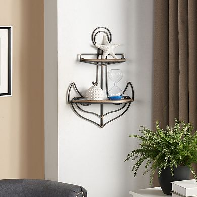 Nautical Themed Anchor Shaped 2-tier Metal And Wood Wall Shelf