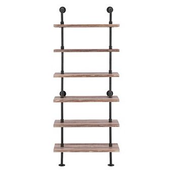 Industrial Modern Rustic 6 tier Iron Pipe Wall Mount Ladder Shelving Unit In Distressed Wood Finish