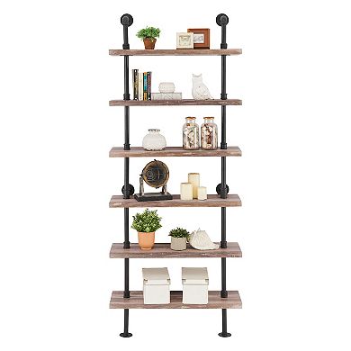 Industrial Modern Rustic 6-tier Iron Pipe Wall Mount Ladder Shelving Unit In Distressed Wood Finish