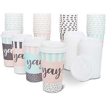 48 Pack Disposable 16oz Coffee Cups With Lids, 4 Assorted Yay Designs