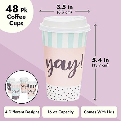 48 Pack Disposable 16oz Coffee Cups With Lids, 4 Assorted Yay Designs