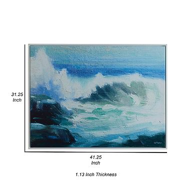 31 X 41 Handcrafted Wall Art, Crashing Waves On Framed Canvas, White, Blue