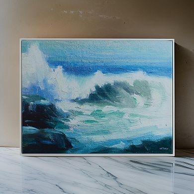 31 X 41 Handcrafted Wall Art, Crashing Waves On Framed Canvas, White, Blue
