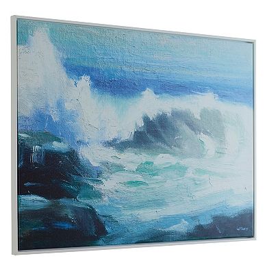 31 X 41 Handcrafted Wall Art, Crashing Waves On Framed Canvas, White, Blue