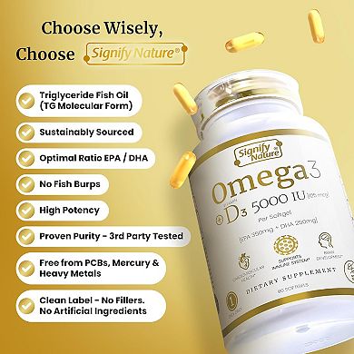 Omega 3 Fish Oil + Vitamin D3 By Signify Nature - Triglyceride Fish Oil Softgels With Vit D3 5000 Iu