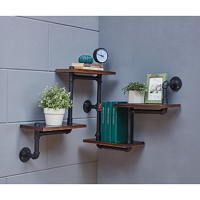 4-tier Floating Corner Or Flat Wall Mount Staggered Floating Industrial Rustic Pipe Shelf