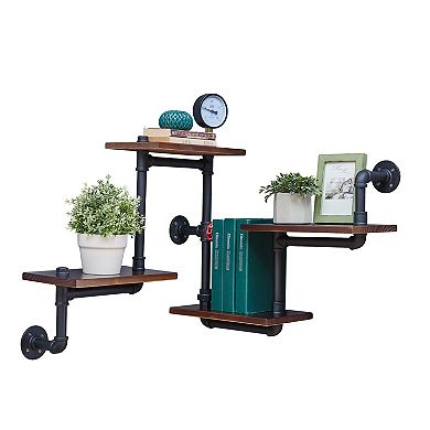4-tier Floating Corner Or Flat Wall Mount Staggered Floating Industrial Rustic Pipe Shelf