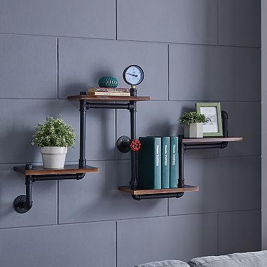 4-tier Floating Corner Or Flat Wall Mount Staggered Floating Industrial Rustic Pipe Shelf