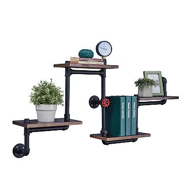4-tier Floating Corner Or Flat Wall Mount Staggered Floating Industrial Rustic Pipe Shelf