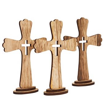 3 Pack Catholic Wooden Cross Baptism Centerpieces For Tables, Communion Easter